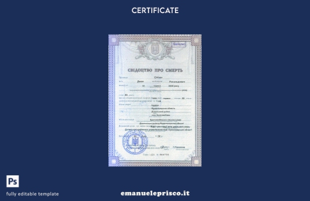 Modello di certificato di morte ucraino in stile verificato in formato PSD, mode